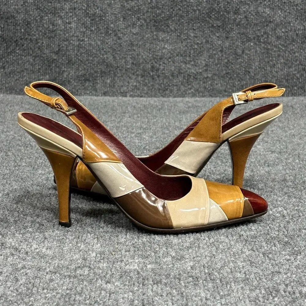 PRADA Shoes Womens 6 Multicolor Patchwork Slingback Heels Warm Toned Italy